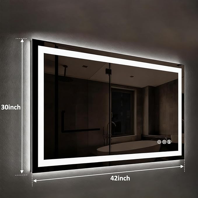 ROOMTEC 42 x 30 Inches LED Bathroom Mirror with Lights, Vanity Mirror with Front and Backlight, Smart Dimmable Anti-Fog LED Mirror for Bathroom, Memory Function, Tempered Glass (Horizontal/Vertical)