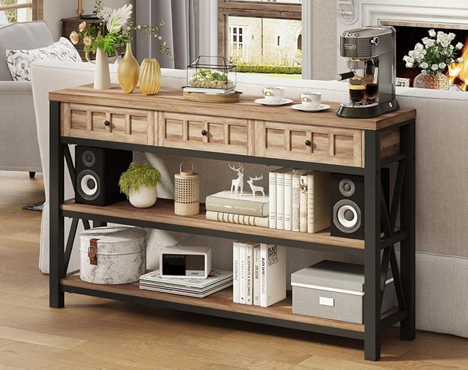 FATORRI Console Table for Entryway, Rustic Sofa Table with 3 Drawers for Living Room, Farmhouse Hallway Tables with Storage and Couch Tables Behind Sofa (54.72 Inch Long, Rustic Oak)
