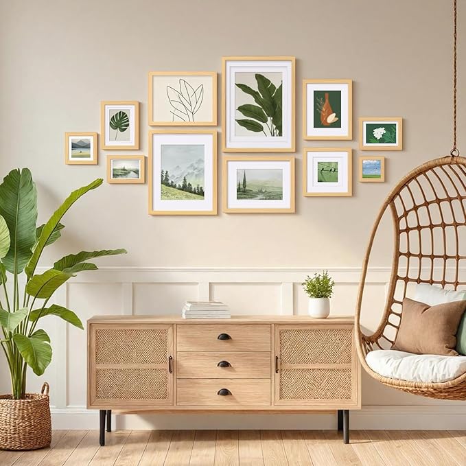 Egofine 5x5 Picture Frames Set of 4, Made of Solid Wood Covered by Plexiglass Display 4x4 with Mat or 5x5 without Mat, for Table Top Display and Wall Mounting Photo Frame, Natural Wood