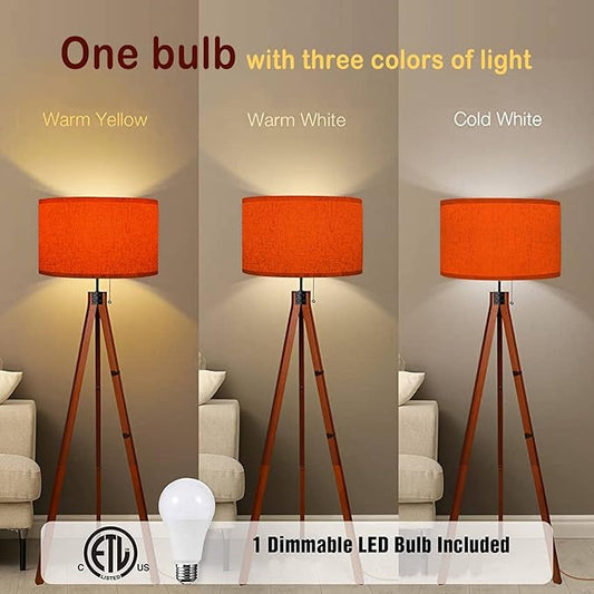 Wood Tripod Floor Lamp Orange Color for a Warm Colorful Modern Standing Lamp Linen Lampshade Dimmable Tall Lamp Mid Century Floor Lamp for Living Room Bedroom