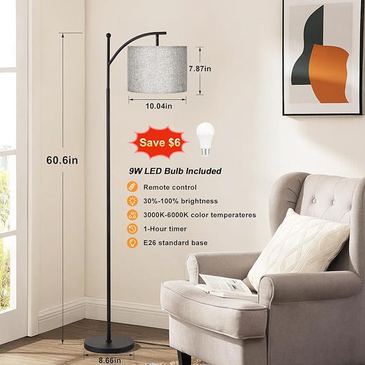 Ambimall 60" Floor Lamp with Remote Control and Stepless Dimmable Bulb, Colors Temperature & Brightness Adjustable, Modern Floor Lamps for Living Room, Gray Shade & Black Pole