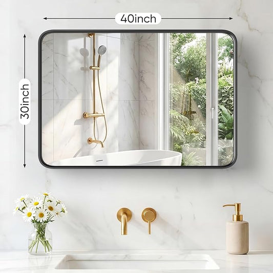 OLIXIS Bathroom Mirror for Over Sink, 30x40 Inch Wall Rounded Rectangle Mirror with Matte Metal Framed, Modern Wall Mount Vanity Mirror for Home Decor, Living Room, Bedroom, Black