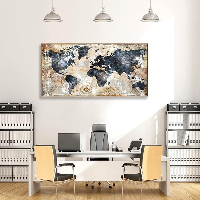 Framed Wall Art for living Room World Map Wall Art Print - Map Picture for Office Bedroom Wall Decor Travel Memory Nautical Map Decor Canvas Artwork 30 x 58 inch Ready to Hang