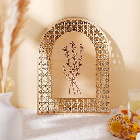 Wesiti 4 Pcs Rattan Wooden Boho Wall Decor Floral Natural Room Wall Art Aesthetic Nursery Farmhouse Hanging Decor for Bedroom Living Room Office
