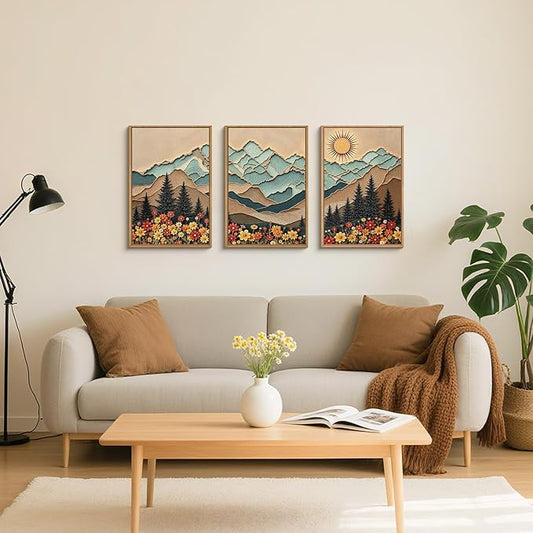 DRACIT Large Boho Wood Grain Mountain Framed Canvas Wall Art Set,Vintage Sunrise Forest Floral Wall Decor,Rustic Natural Wilderness Art Printing for Living Room,Bedroom,Office-16 x24 x3
