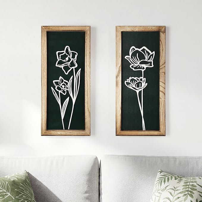 3D Floral Wall Art with 7''×16'' Botanical Textured Framed Artwork Decor Wall Art for Living Room Bedroom Office Bathroom Decor Wall Modern Boho Farmhouse Decor Wooden Ready to Hang (Set of 2)
