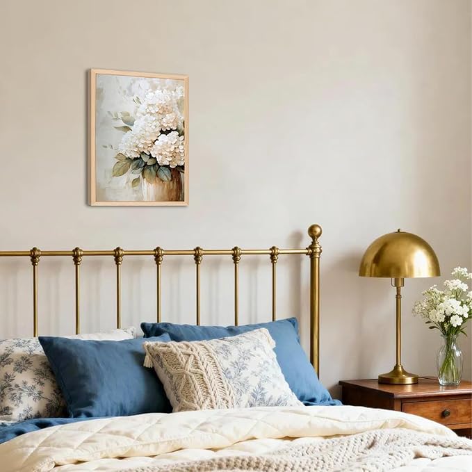 Framed Hydrangea Wall Art, White Floral Botanical Wall Decor Pictures, Vintage Flower Canvas Prints Paintings Farmhouse Aesthetic Home Decor for Living Room Bedroom Bathroom Kitchen 12x16 inch