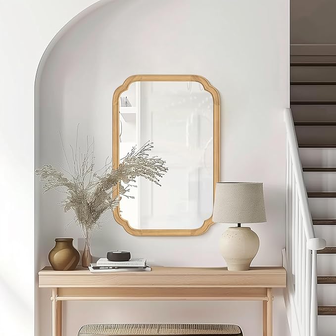 HOMECOOKIN Wood Bathroom Mirror for Wall Decor Arched Rounded Corner Rustic Wood Frame Wall Mirror Home Decorative for Vanity, Living Room, Bedroom, Entryway (20 x 30 inch, Natural)
