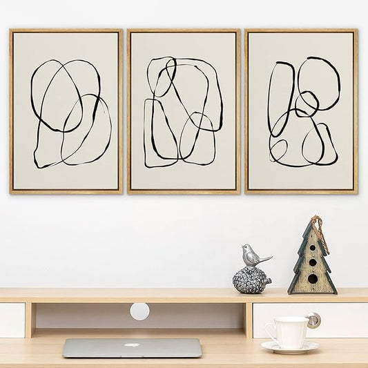 SIGNLEADER Framed Canvas Print Wall Art Set Duotone Geometric Spiral Ring Circle Collage Abstract Shapes Illustrations Modern Art Boho Decorative for Living Room, Bedroom, Office - 24"x36"x3 NATURAL