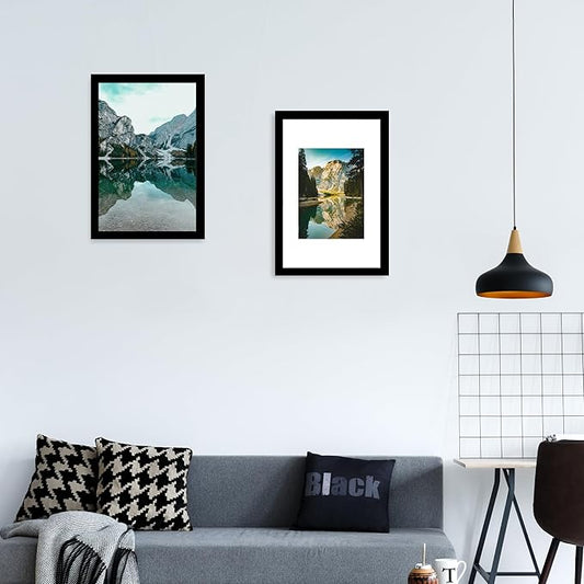 iRahmen 12x18 Picture Frame Set of 2 with Plexiglass, Black Poster Frame Display 8x11 Picture with Mat or 12 x 18 Without Mat, Wood Photo Frame for Horizontal or Vertical Wall Mounting