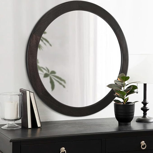 CULER Round Mirrors 30 Inch,Wood Vanity Wall Rustic Mirror with Wood Frame, Wooden Circle Mirror for Bathroom Bedroom Living Room Or Entryway(Dark Walnut Brown)