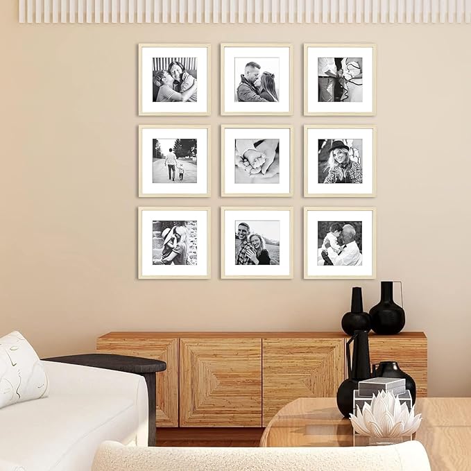 ArtbyHannah 12x12 Square Gallery Wall Frame Set for Home Decor or Wall Hanging Decoration, Matted to 8x8-9 Pack