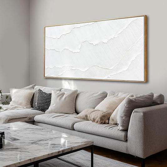 Contemporary White Abstract Hand-drawn Wall Art with Framed Large Canvas Ocean waves Painting for Living Room Bedroom Above Couch Decor 29"x58"
