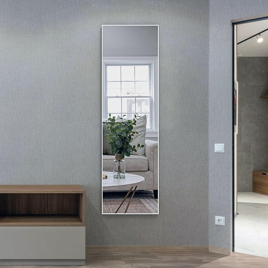 ANYHI Large Full Length Mirror, 60" x 18" Door Mirror Full Length, 2 Hooks, Over The Door or Wall Monuted, Aluminum Frame, for Bedroom Bathroom Checkroom, White