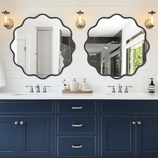 PROHOMEWARE Black Round Mirror 36 Inch Wavy Bathroom Vanity Mirror Black Frame Modern Wall Mirror Decorative Wall-Mounte Anti-Rust, Tempered Glass