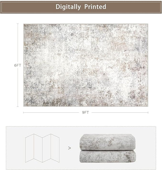 Srugn Washable Rugs 6x9 Area Rugs for Living Room,Modern Abstract Rugs for Bedroom,Large Carpets,Ultra Soft Faux Wool Retro Dining Room Rug,Non Slip&Non-Shedding Low Pile Print Rug- Beige Grey
