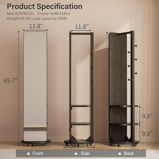 WoodsWhisper Full Length Mirror Coat Rack Solid Wood Floor Mirror 66"x12" Full Length Mirror with Stand Long Mirrors for Bedroom,Living Room (Black-Mobile, 66" Lx12 W)