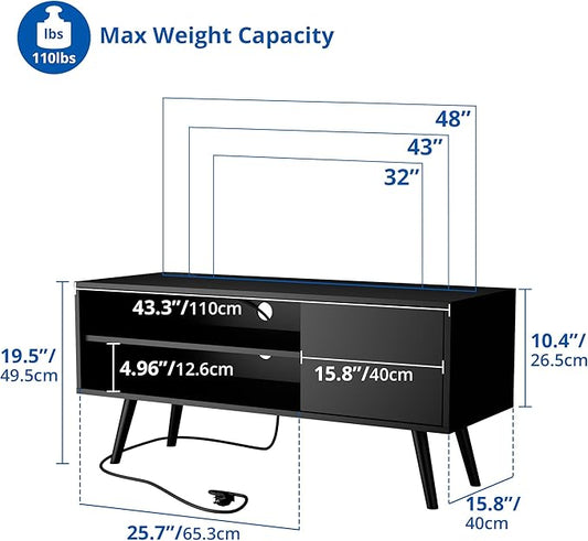 Cozy Castle TV Stand for 48-55 Inch TV, Mid Century Modern Entertainment Center with Storage Cabinet, TV Media Console with Charging Station for Living Room (Black, 43.3" W x 15.7" D x 19.5" H)