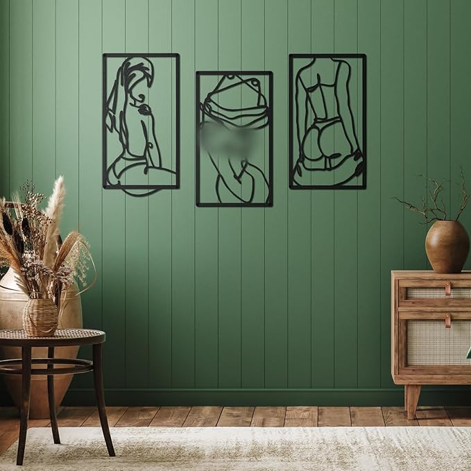 Peryiter 3 Pcs Modern Minimalist Wall Decor Abstract Metal Wall Art Metal Line Art Woman Body Artwork for Bedroom Bathroom Living Room(Black)