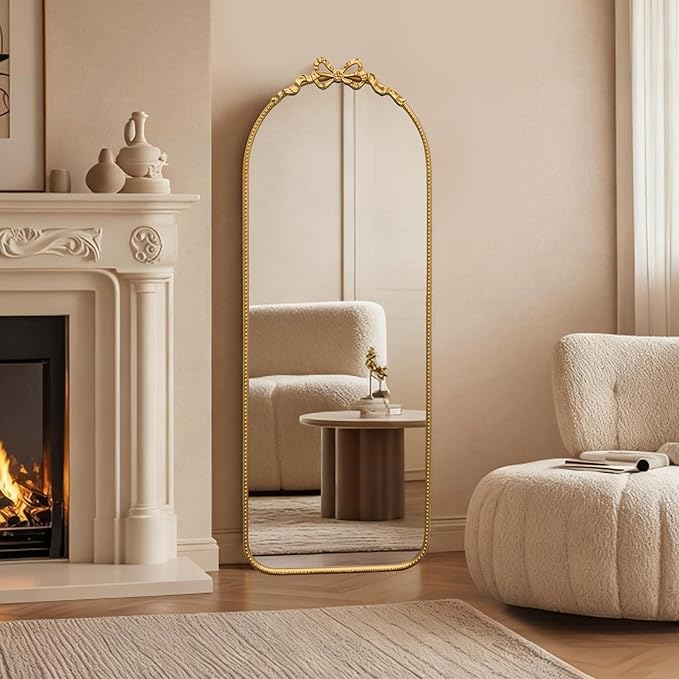 Besdomus Gold Full Length Mirror: 21"x56" Modern Bow Arched Floor Full Body Long Beaded Mirror - Baroque Traditional Ornate for Entryway/Cloakroom/Bedroom/Hallway - Ideal for Fashion Conscious Women