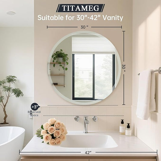 Frameless Round Mirror 30 Inch, Round Mirror with 1 inch Beveled Edge, Beveled Bathroom Mirrors for Vanity, Living Room, Entryways