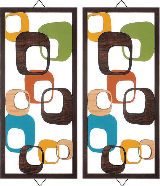CroBlissful 2 Pcs Mid Century Wall Art Mid Century Modern Decor Elegance Wall Accents Wood Abstract Decor Geometric Panels for Interior Panel Wood Art for Home Living Room