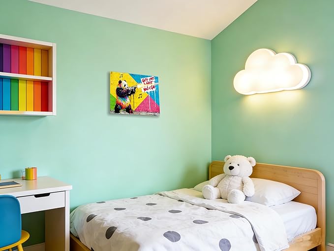 12x16 Inch Colorful Graffiti Panda with Gun Canvas Wall Art Painting- "Get Out While You Can" Street Art Print, Modern Pop Art Wall Decor Poster for Kids/Teen Boy/Child Bedroom Bathroom Living Room