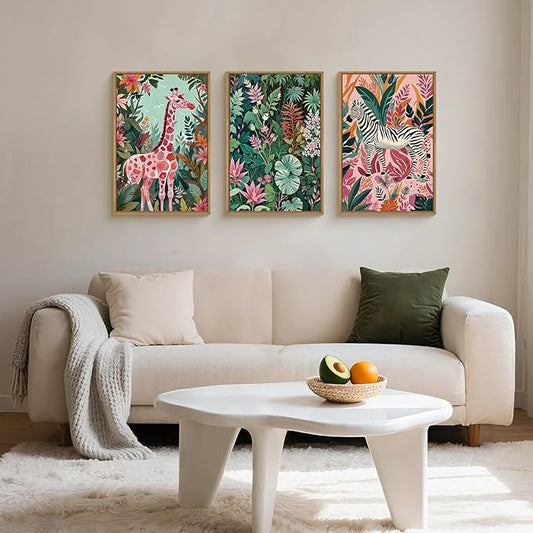 Spring Boho Sage Green Pink Giraffe Zebra Jungle Framed Canvas Wall Art Set,Natural Safari Tropical Wildlife Wall Decor,Modern Wild Animal Botanical Artwork for Living Room,Farmhouse -16"x24"x3