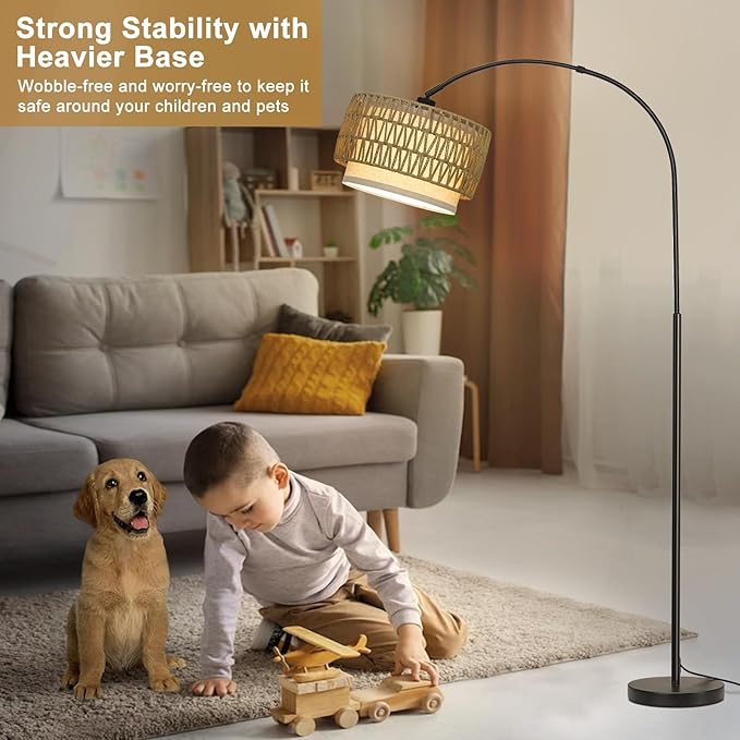 Rattan Floor Lamp, Arc Floor Lamps for Living Room, Farmhouse Standing Lamp with Adjustable Hanging Fabric Shade, Tall Pole Lamp with Foot Switch, Over Couch Arched Reading Light for Bedroom, Office