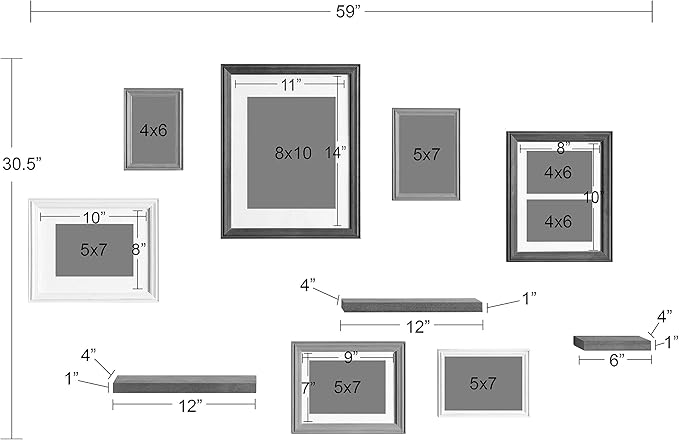 Kate and Laurel Bordeaux Gallery Wall Frame and Shelf Kit, Set of 10, Multicolored with Whitewash, Charcoal Gray, and Farmhouse Gray, Assorted Size Frames and Three Display Shelves