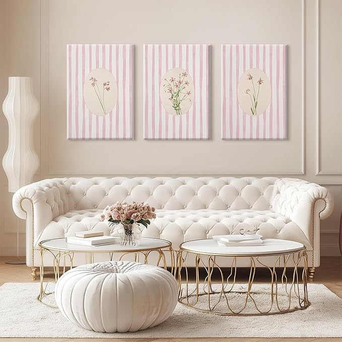 Pink Flower Wall Art Striped Floral Prints Botanical Canvas Wall Decor Aesthetic Pictures Pastel Pink Floral Poster Minimalist Flower Painting for Girl Room 12x16 Inch Wrapped Canvas Set of 3