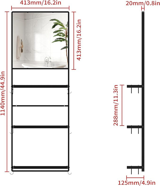 45" X 16" Black Wall Mirror with Shelf and Hooks, Rectangle Mirror for Wall, 3 Trays and 12 Removable Hooks,for Living Room, Hallway, Bedroom (Black-Square)