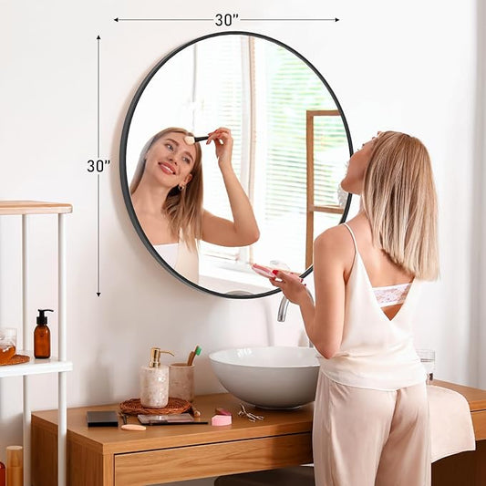 NEWBULIG Round Wall Mirror, 30 Inch Bathroom Mirrors for Over Sink, Wall Vanity Circle Mirror with Matte Metal Framed, Decor for Bathroom, Entryway, Bedroom, Black
