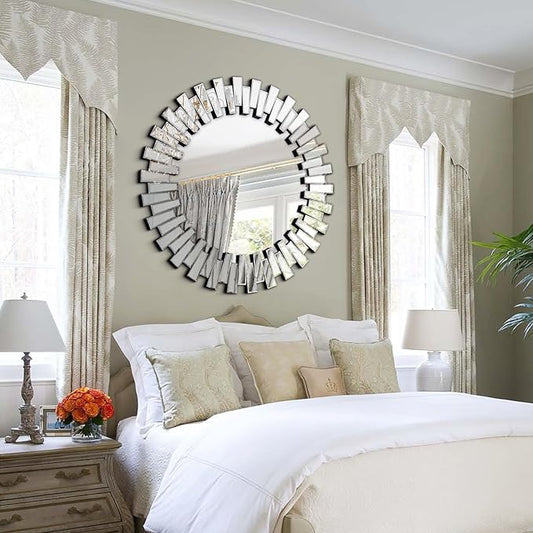 Chende Round Mirrors for Decor, 44'' Large Decorative Wall Mirror with 3D Frame Beveled Glass, Frameless Circle Mirror for Living Room, Dining Room, Bathroom, Entryway, Bedroom