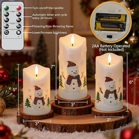 Snowman Flameless Candles Battery Operated with Remote and Timer Real Wax 3D Wick Flickering LED Pillar Candles Color Painted Carved Snowflake Christmas Holiday Decor(3" D x 5", 6", 7" H)
