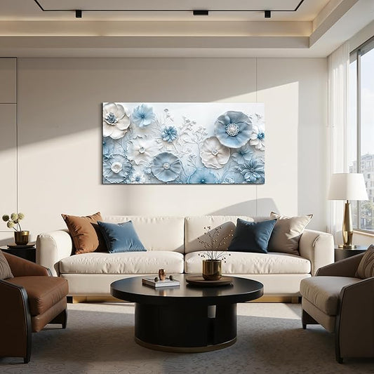 SERIMINO Flower Wall Art, Large Canvas Wall Art, Floral Wall Decor, Blue White Wildflowers Painting, Modern Abstract Botanical Prints, Nature Pictures for Living Room Bedroom Dining Room 24"x48"