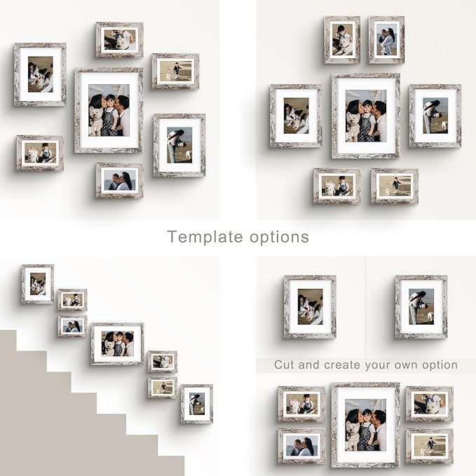 Frametory, Gallery Wall Frame Set of 7 Multiple Sizes 11x14, 8x10, 5x7 Picture Frame Collage with White Mat for Prints, with Real Glass (Distressed White)