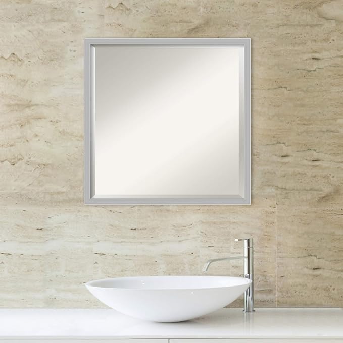 Amanti Art Silver Bathroom Mirror for Over Sink, 21x21 Hera Chrome Square Vanity Mirror, Medium Modern Frame, Hangs Horizonally and Vertically, Bathroom Wall Decor, Beveled Edge