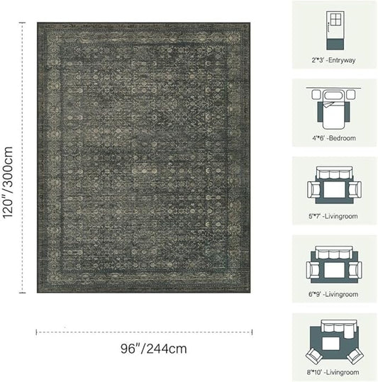 8x10 Washable Area Rug for Living Room, Extra Large,Green Vintage Floral Boho Rugs for Dining Room, Farmhouse, Durable Low Pile Non Slip Carpet for High Traffic Areas, Moss Brown