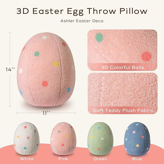 Ashler Egg Shaped Throw Pillow, Spring Home Decor, Teddy Fabric Decorative Cushion with Colorful Polka Dots Embroidery, Soft Pillow for Bedroom Living Room Couch, 14x11 in
