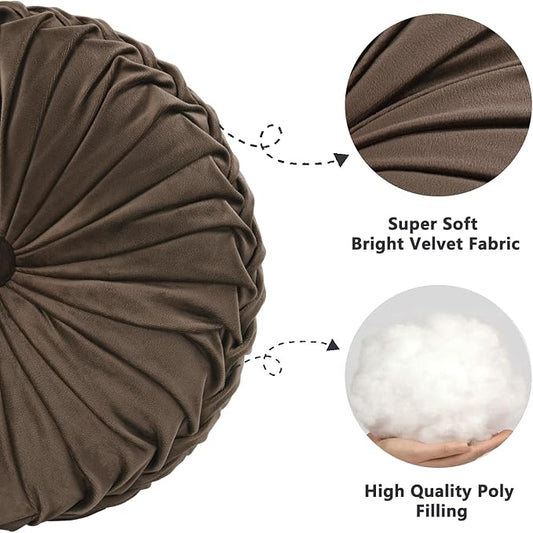 HIG Set of 2 Decorative Round Pleated Throw Pillows,Classy Accent Pumpkin Throw Pillows with Center Button,Vintage Velvet Floor Pillows for Sofa Vanity Chair Bed,Chocolate,14.5" Diameter(Ripple)
