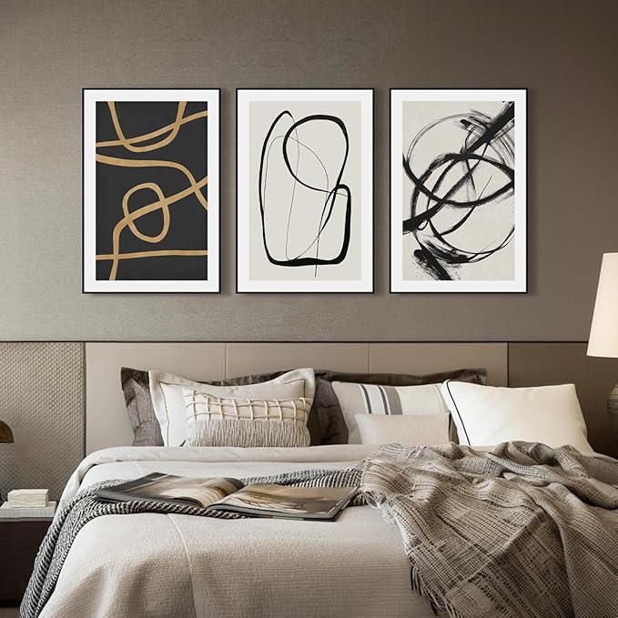 SAFERRYHOME Abstract Graffiti Framed Black and White Black and Gold Wall Art Canvas Prints, Modern Sketches Street Art Decor for Living Room, Home Office, Dining Room, Loft - 3 Pieces 24x36 Inch