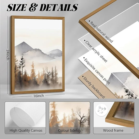 Neutral Mountain Wall Art Decor Set of 3 Forest Canvas Wall Art Poster Landscape Wall Art Artwork Modern Pictures Abstract Painting Watercolor Prints for Living Room Bedroom 16x24 Inch Framed