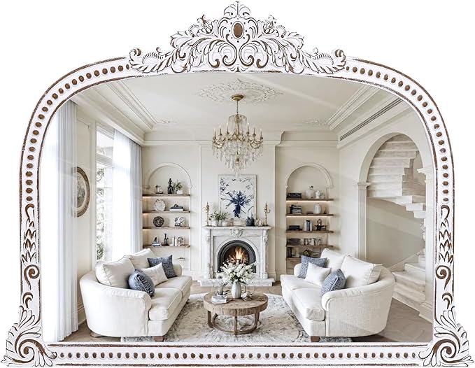 HOITUZYUS French Vintage Statement Wooden Mirror: 32x42 Inch Baroque Arched Mirror, Ornate Decorative Wall Mirrors for Fireplace Mantel, Living Room, Entryway, Bedroom