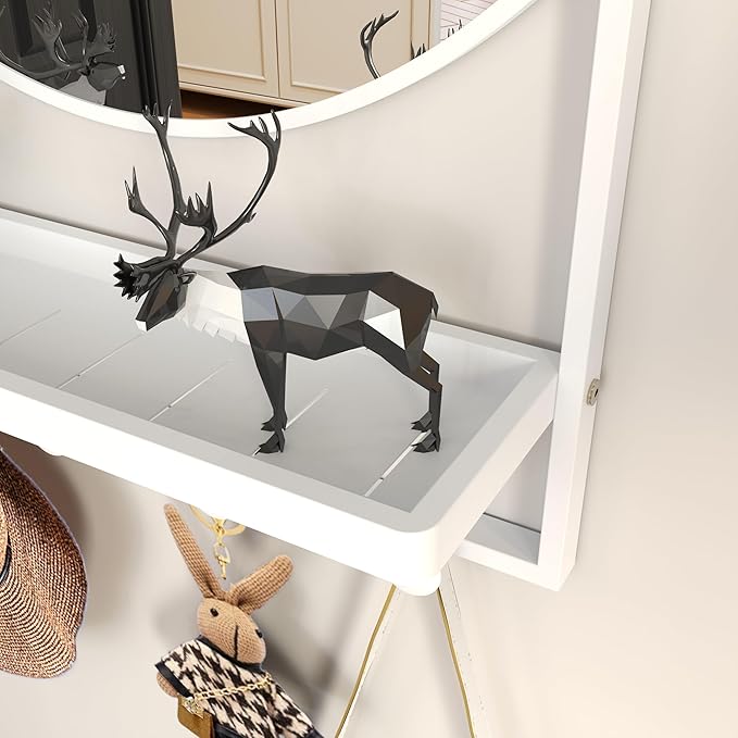 28" x 20" Entryway Mirror with Hooks, Bathroom Mirror with Shelf, Rectangular Frame Round Wall Mirror with Shelf and Hooks, Vanity Mirror Decorative for Wall(White)