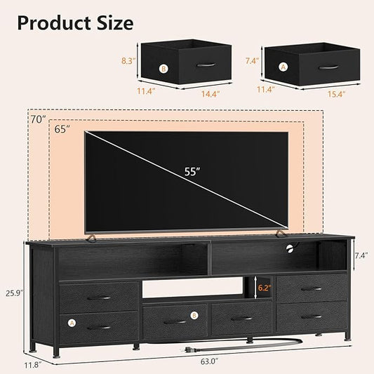 Furologee 63 Inch Entertainment Center Dresser for Bedroom, TV Stand for 65 70 Inch TVs, 6 Drawers Dresser with Power Outlets and LED Lights, Media Console with PU Leather Surface for Living Room