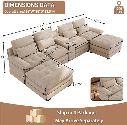 134"U Shaped Sectional Couches for Living Room, Oversized Modular Sectional Fluffy Couch with 2 Ottoman & Storage Console,Modern 6 Seat Living Room Sofa with Glitter Fabric,Tufted Buttons, Camel