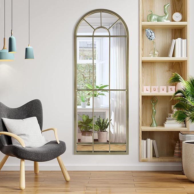 HQiJun Wall Mirror Window Decorative Mirrors Arched Farmhouse for Living Room Bedroom Entryway Bathroom Vanity(Gold,47” x17” x 1”)
