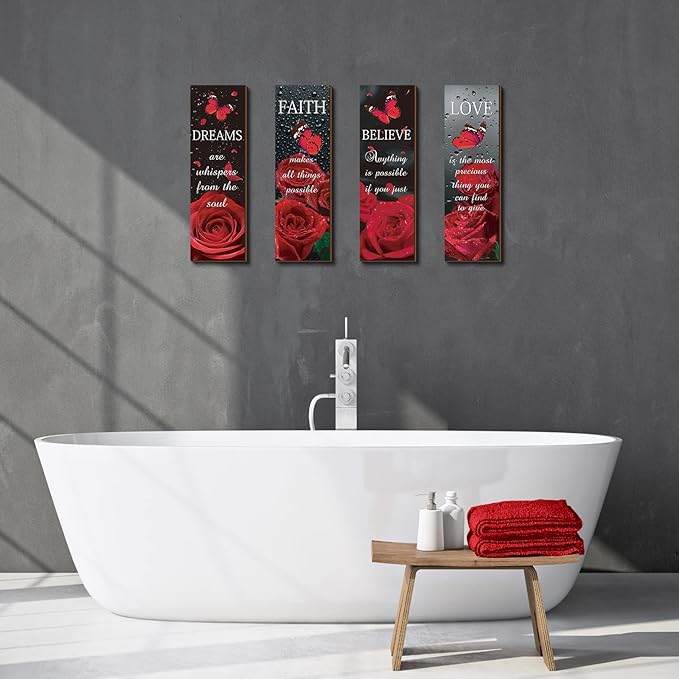 Qunclay 4 Pcs Red Bathroom Decor Red Rose Wooden Wall Decor Dream Faith Believe Love Inspirational Quote Wooden Sign Rustic Floral Butterfly for Women Home Bathroom Bedroom Living Room