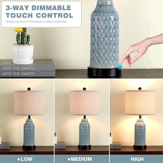 Cinkeda Ceramic Table Lamps for Bedroom Set of 2,Touch Lamp with USB Ports for Nightstand, 3-Way Dimmable Blue Coastal Bedside Lamps for Bedroom Living Room End Table Side Table(Bulbs Included)